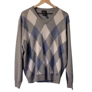 Jos.‎ A. Bank Gray Blue Argyle V-Neck 100% Merino Wool Sweater Mens Size L